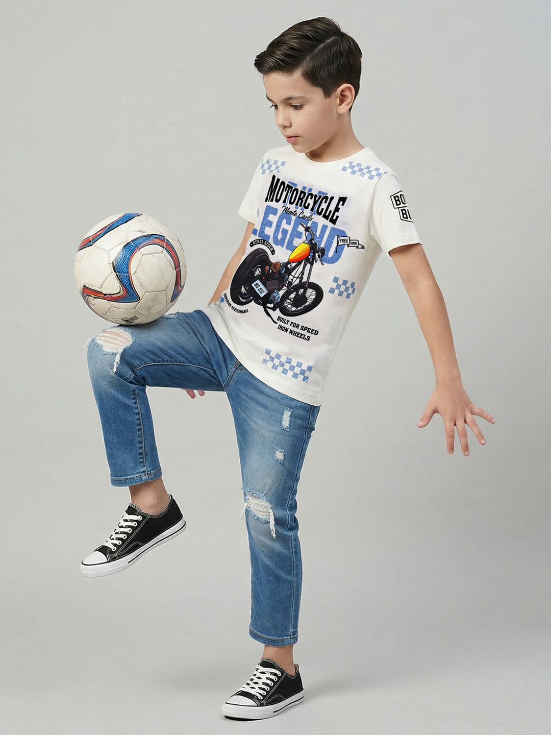 Boys Off White Printed Round Neck Half Sleeve T-Shirt