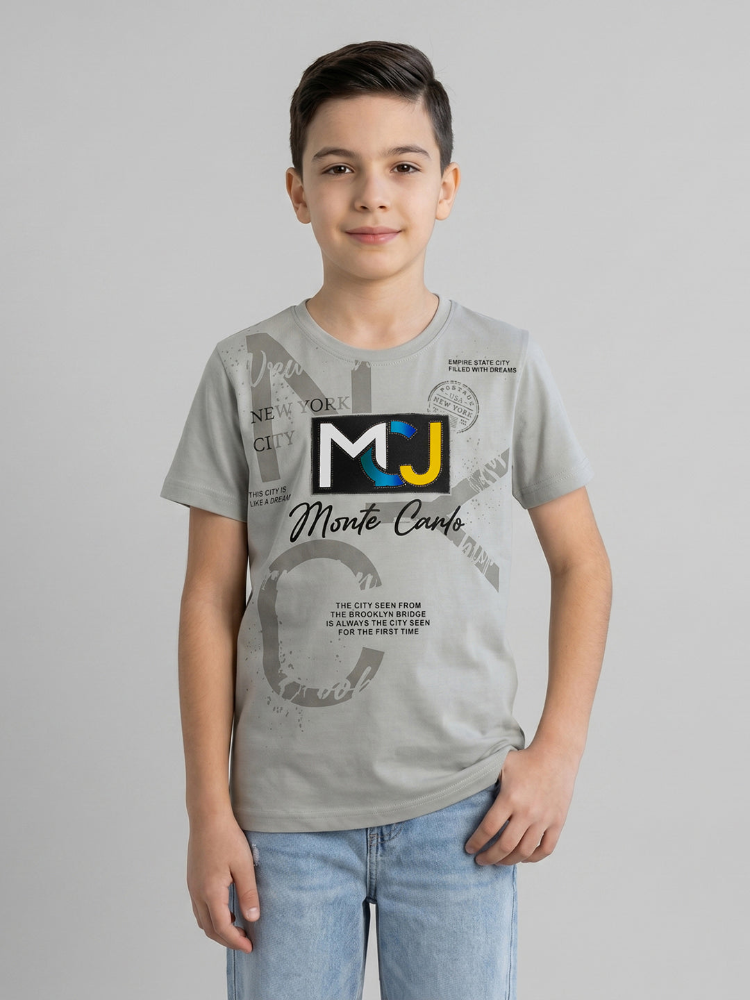 Boys Grey Printed Round Neck Half Sleeve T-Shirt