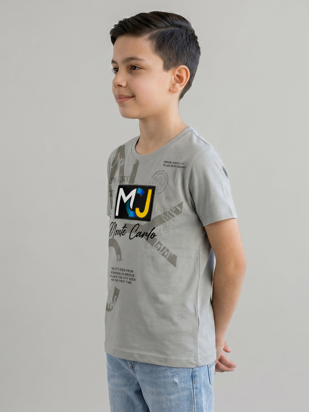 Boys Grey Printed Round Neck Half Sleeve T-Shirt