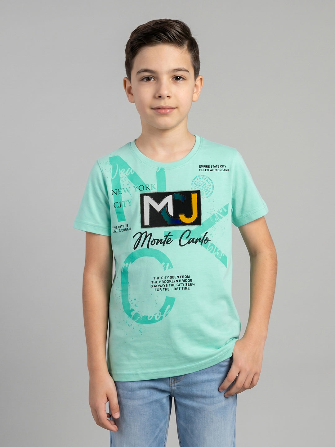 Boys Aqua Green Printed Round Neck Half Sleeve T-Shirt