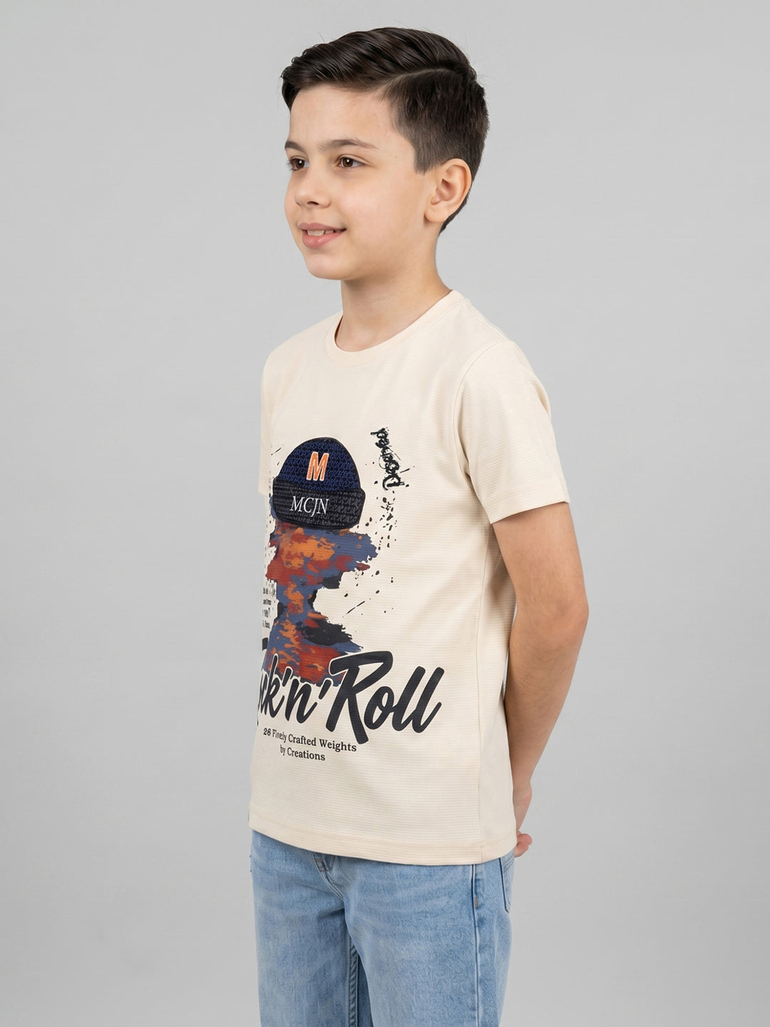 Boys Cream Printed Round Neck Half Sleeve T-Shirt
