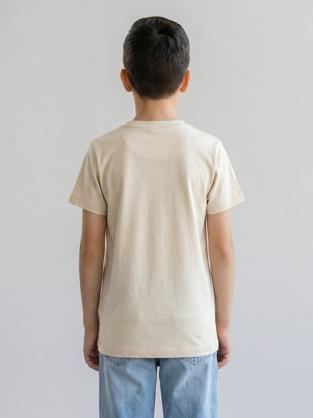 Boys Cream Printed Round Neck Half Sleeve T-Shirt