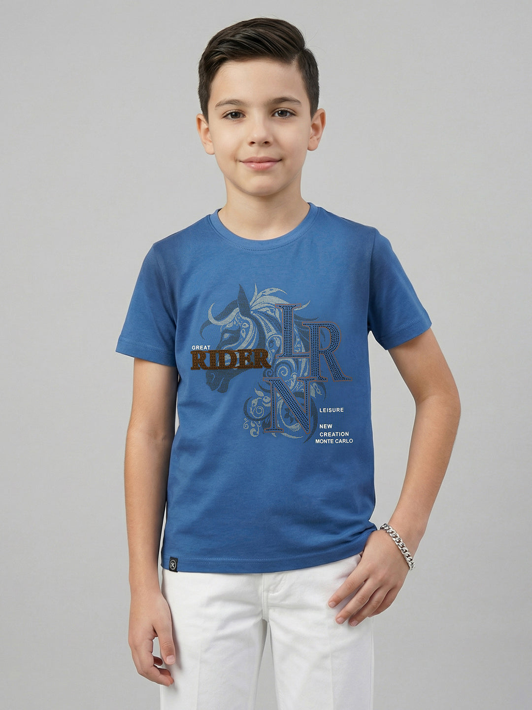 Boys Blue Printed Round Neck Half Sleeve T-Shirt