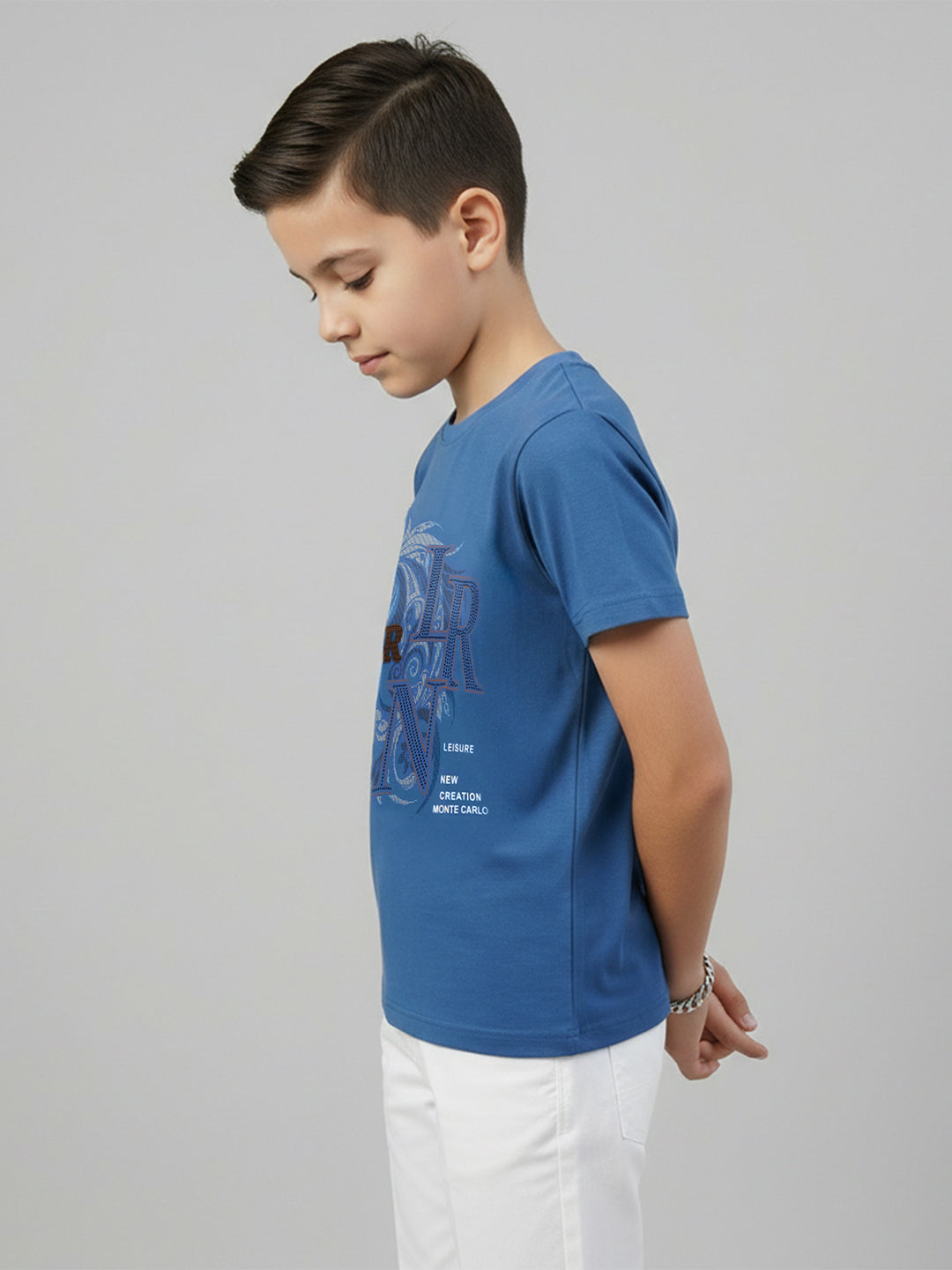 Boys Blue Printed Round Neck Half Sleeve T-Shirt