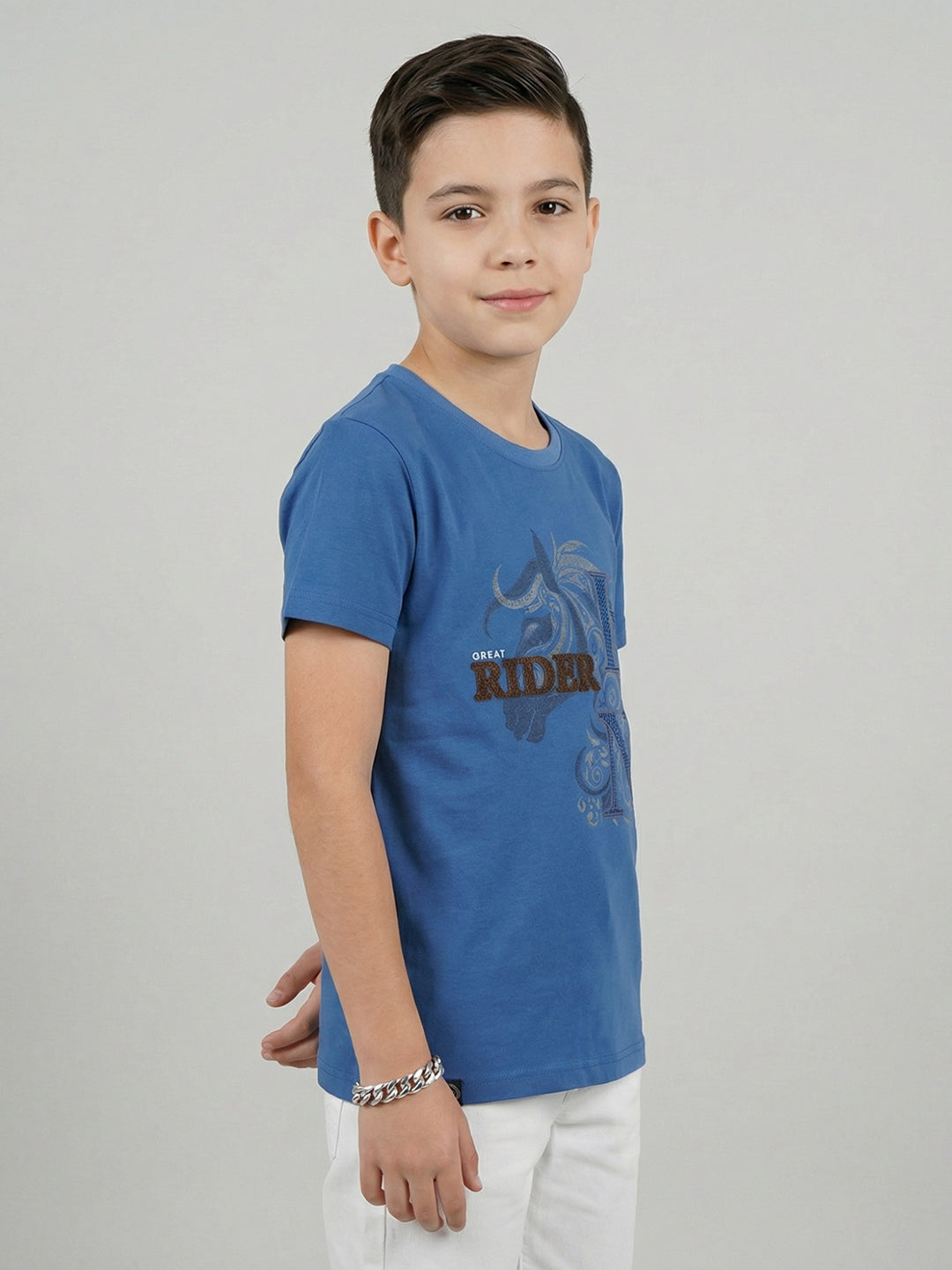Boys Blue Printed Round Neck Half Sleeve T-Shirt