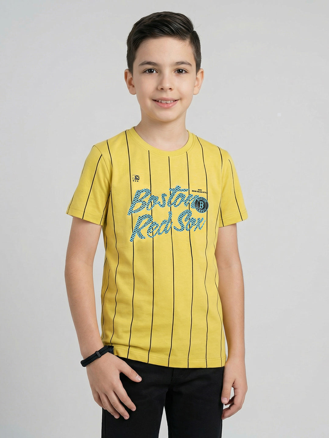 Boys Yellow Printed Round Neck Half Sleeve T-Shirt