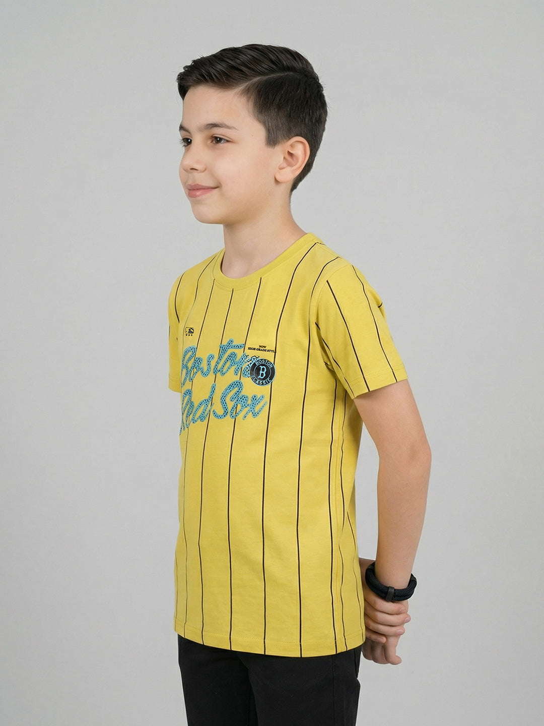 Boys Yellow Printed Round Neck Half Sleeve T-Shirt