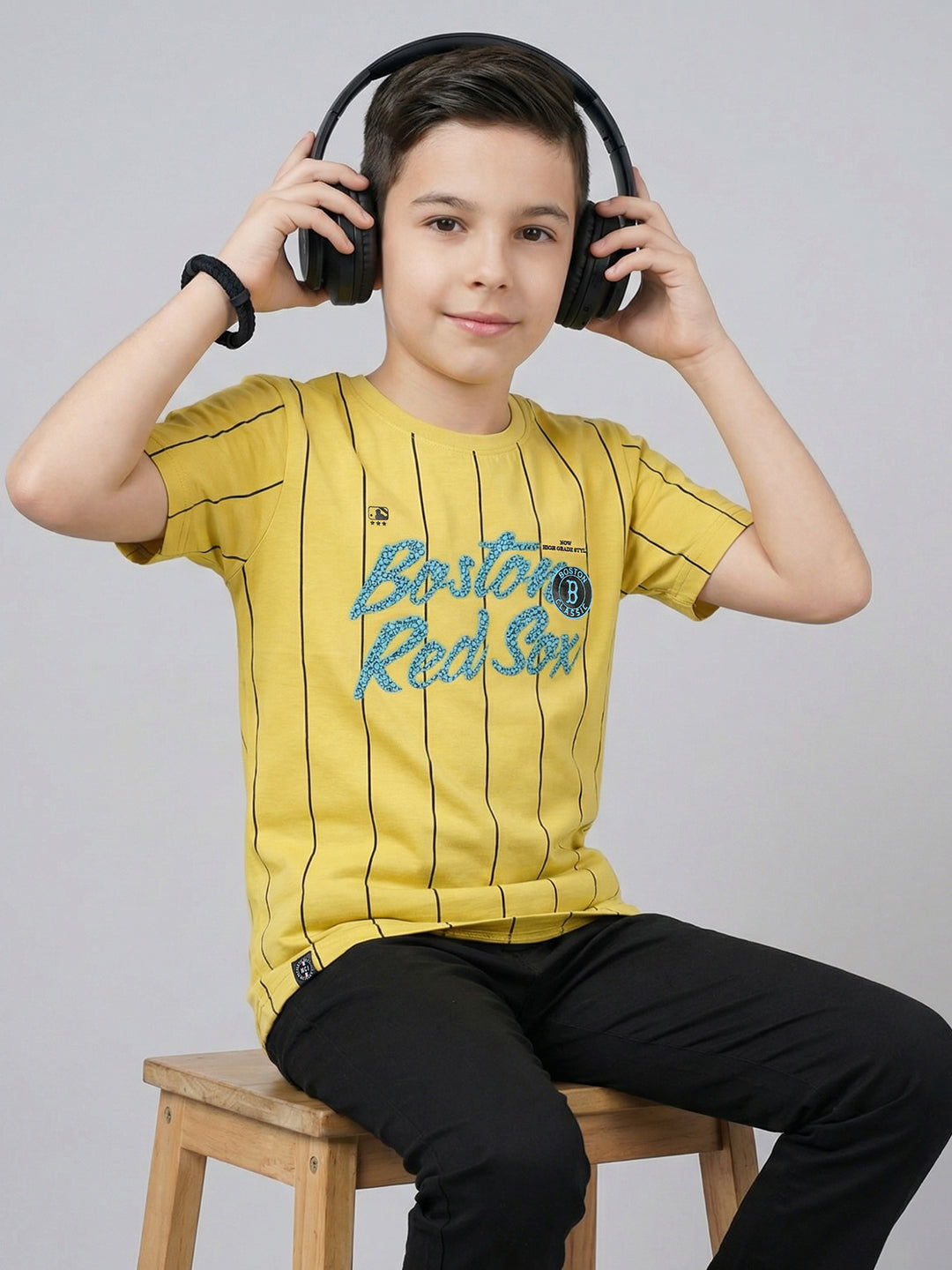 Boys Yellow Printed Round Neck Half Sleeve T-Shirt