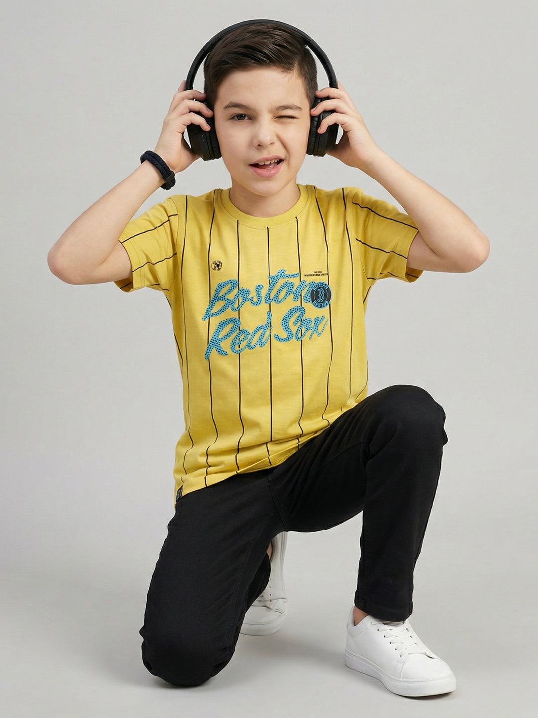 Boys Yellow Printed Round Neck Half Sleeve T-Shirt