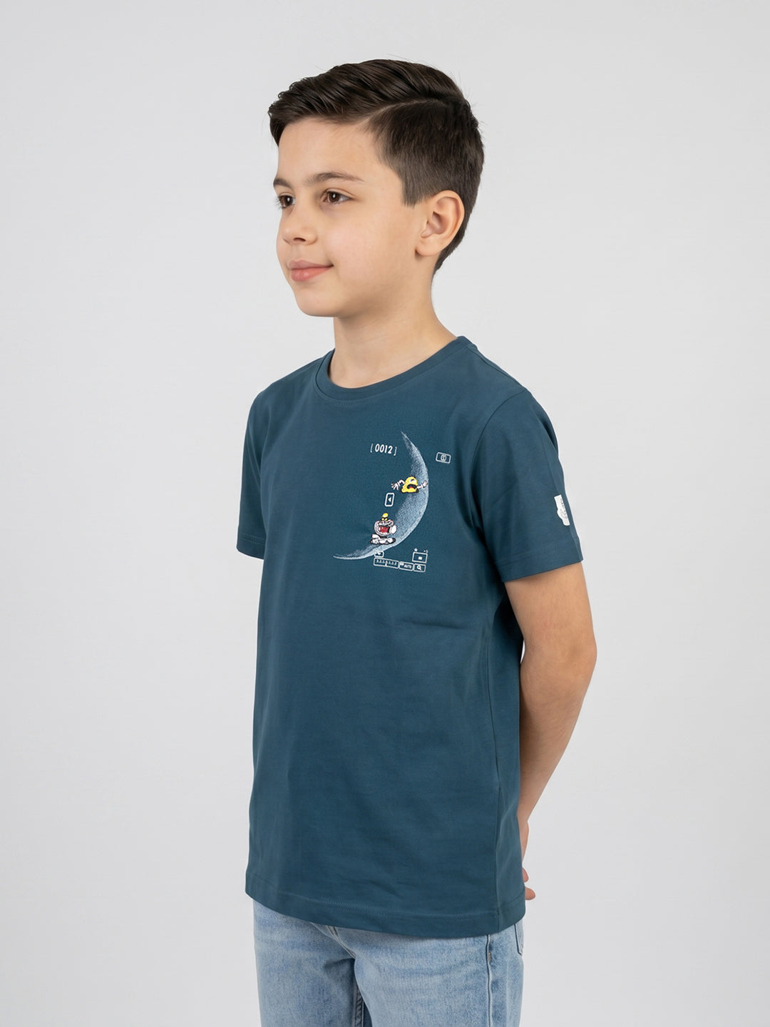 Boys Teal Blue Printed Round Neck Half Sleeve T-Shirt