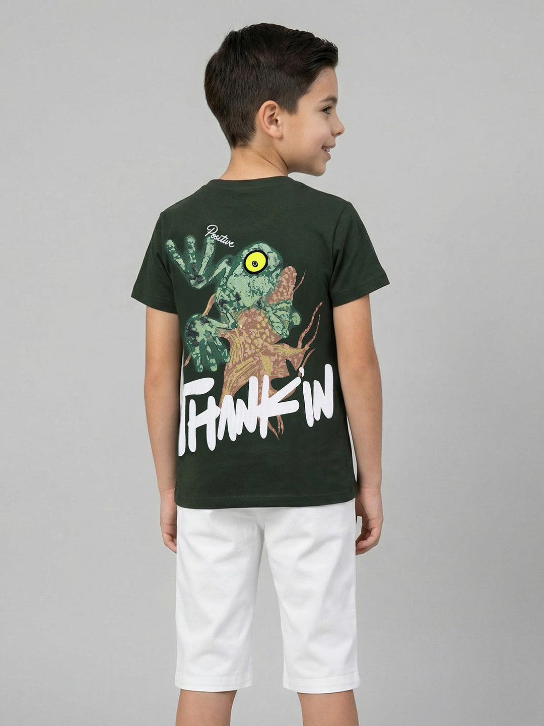 Boys Olive Back 3D Print Round Neck Half Sleeve T-Shirt