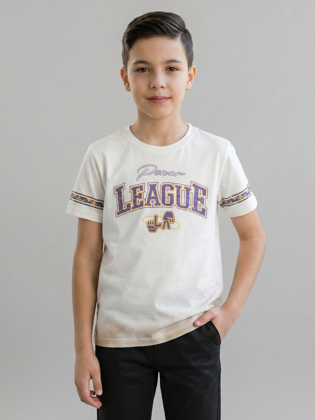 Boys Cream Printed Round Neck Half Sleeve T-Shirt