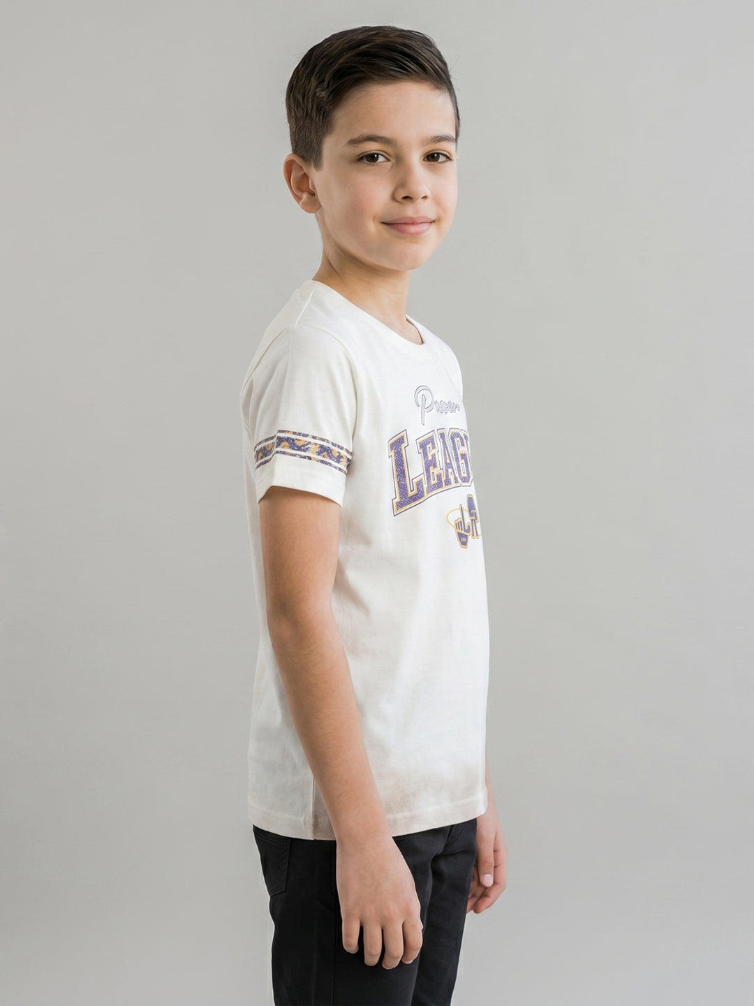 Boys Cream Printed Round Neck Half Sleeve T-Shirt