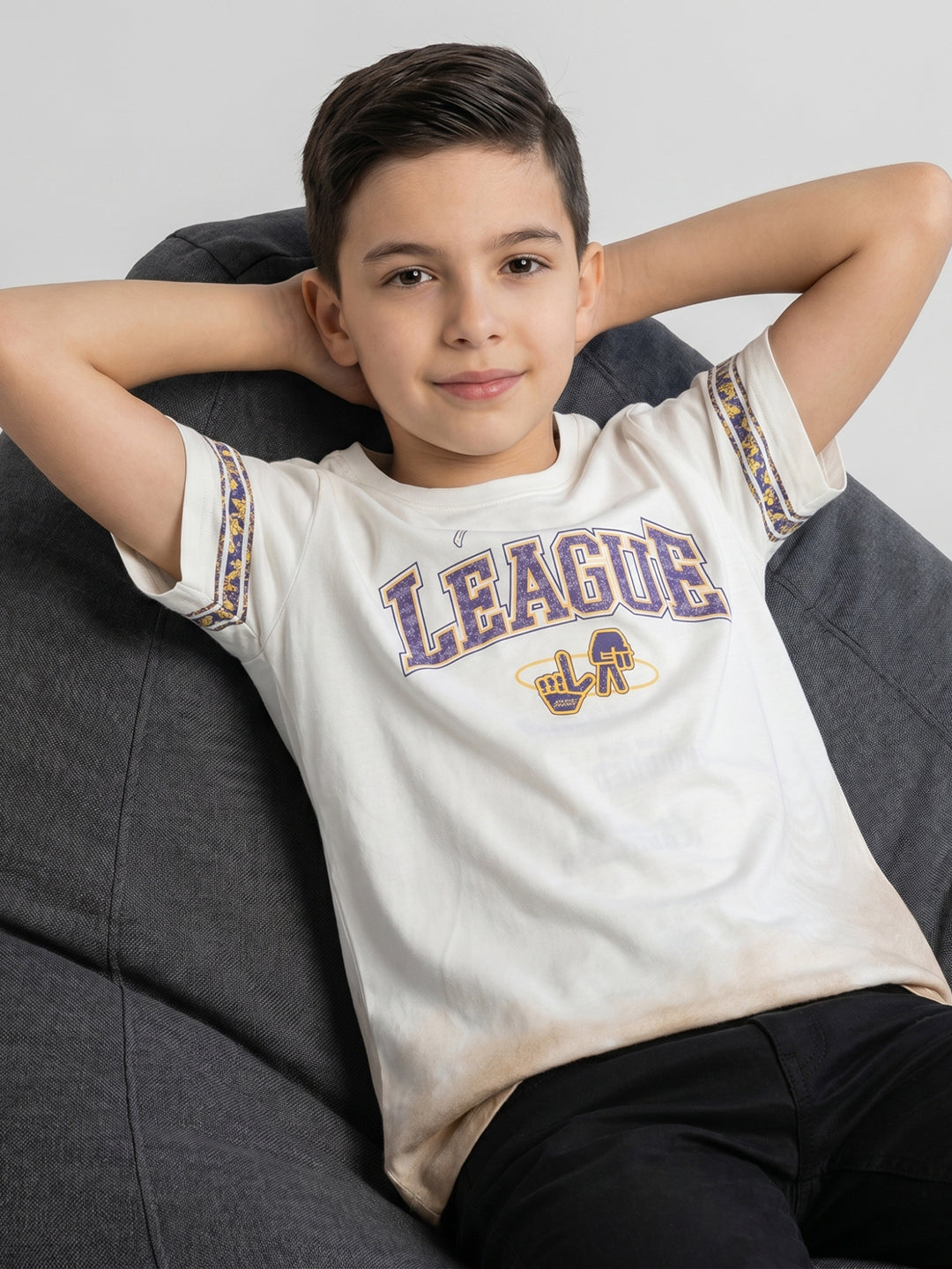Boys Cream Printed Round Neck Half Sleeve T-Shirt