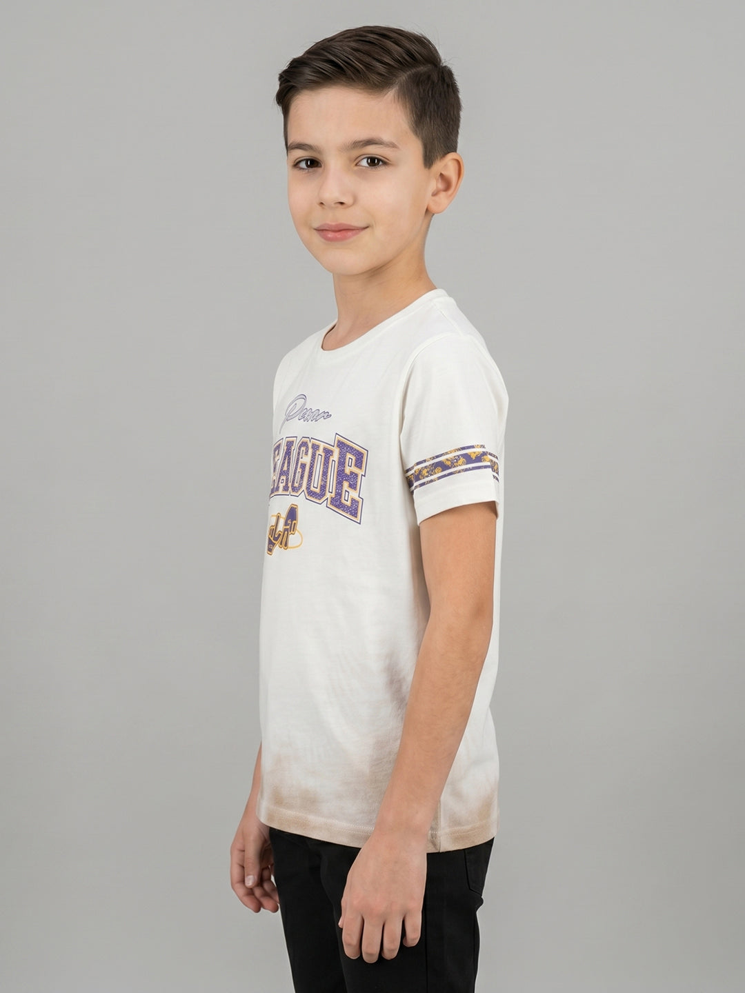 Boys Cream Printed Round Neck Half Sleeve T-Shirt