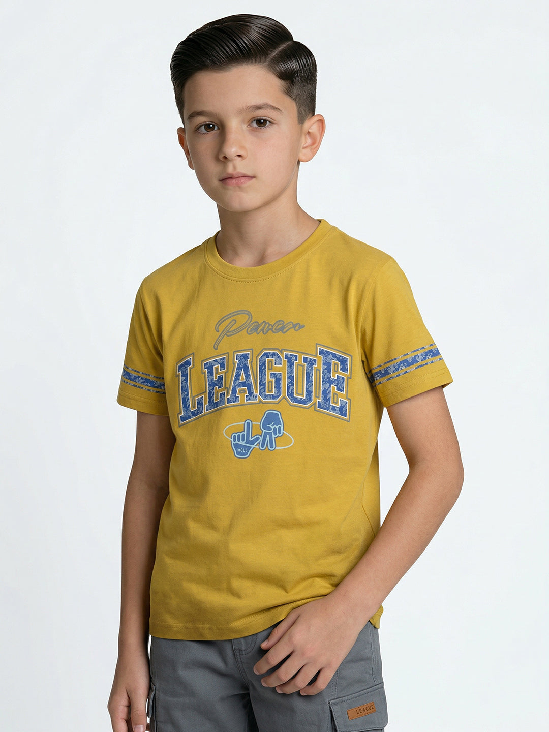Boys Mustard Printed Round Neck Half Sleeve T-Shirt