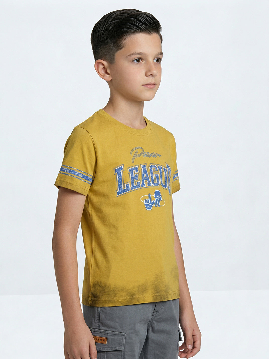 Boys Mustard Printed Round Neck Half Sleeve T-Shirt