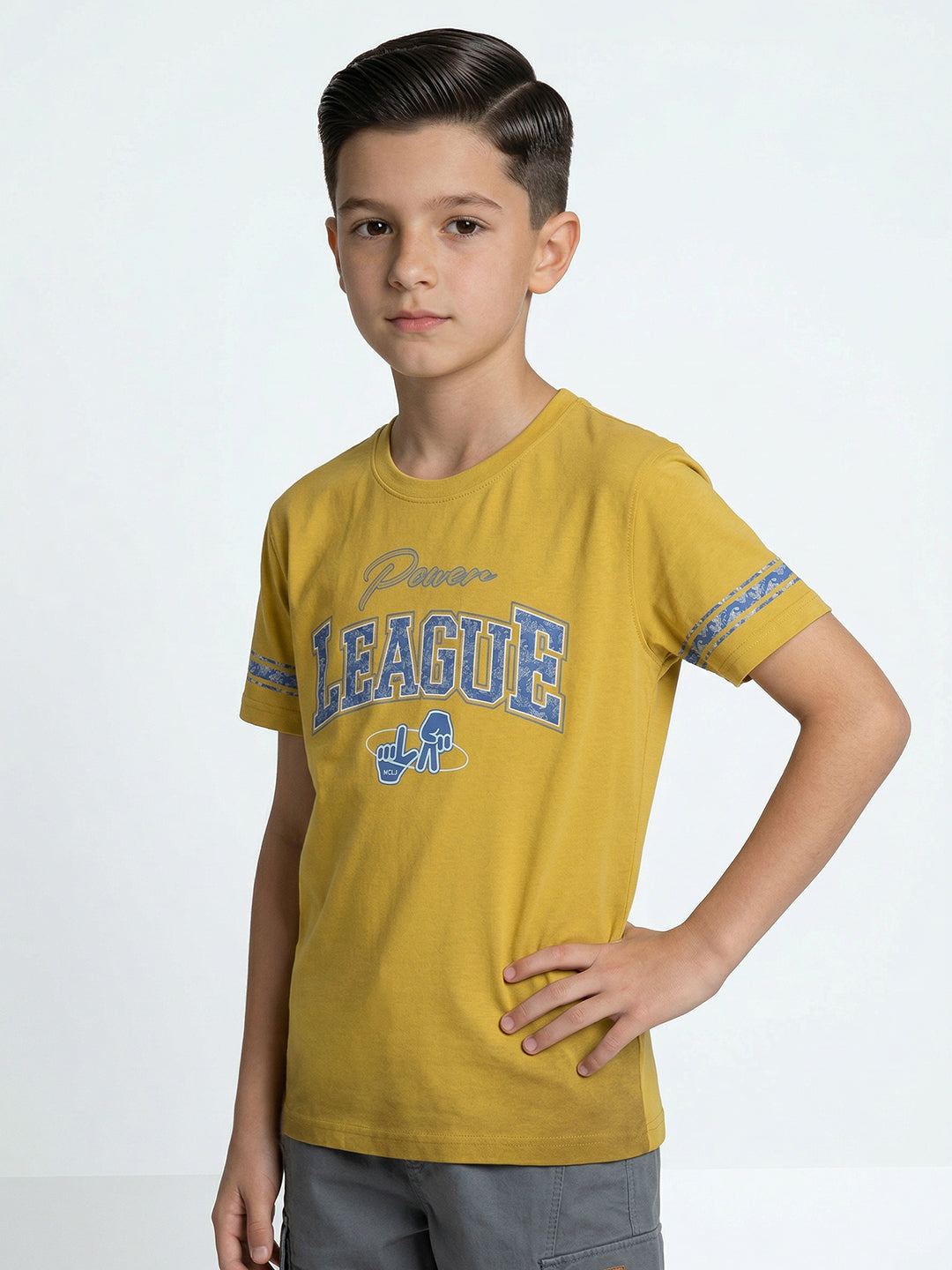 Boys Mustard Printed Round Neck Half Sleeve T-Shirt