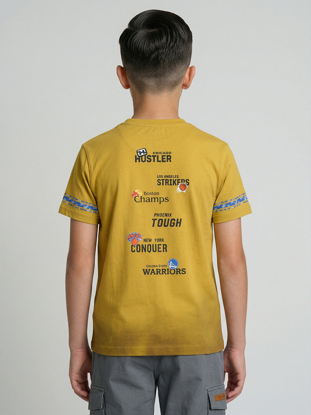 Boys Mustard Printed Round Neck Half Sleeve T-Shirt