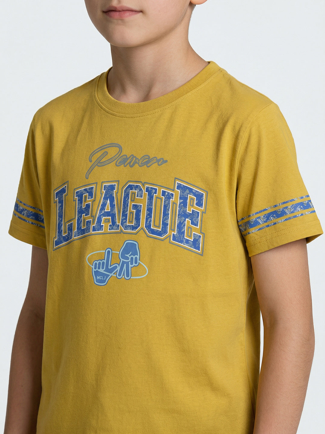Boys Mustard Printed Round Neck Half Sleeve T-Shirt