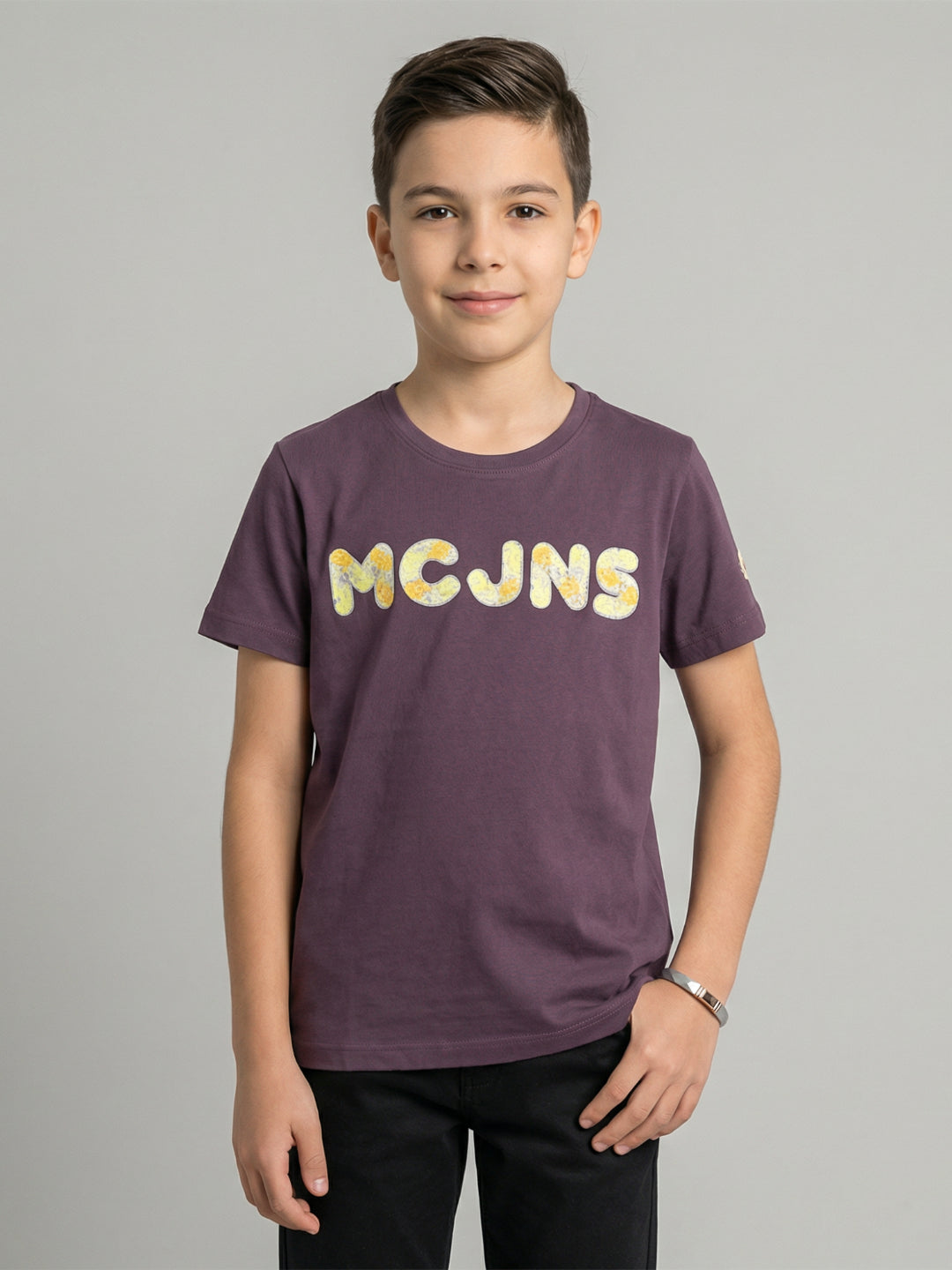 Boys Mauve Embroidered Round Neck Half Sleeve T-Shirt