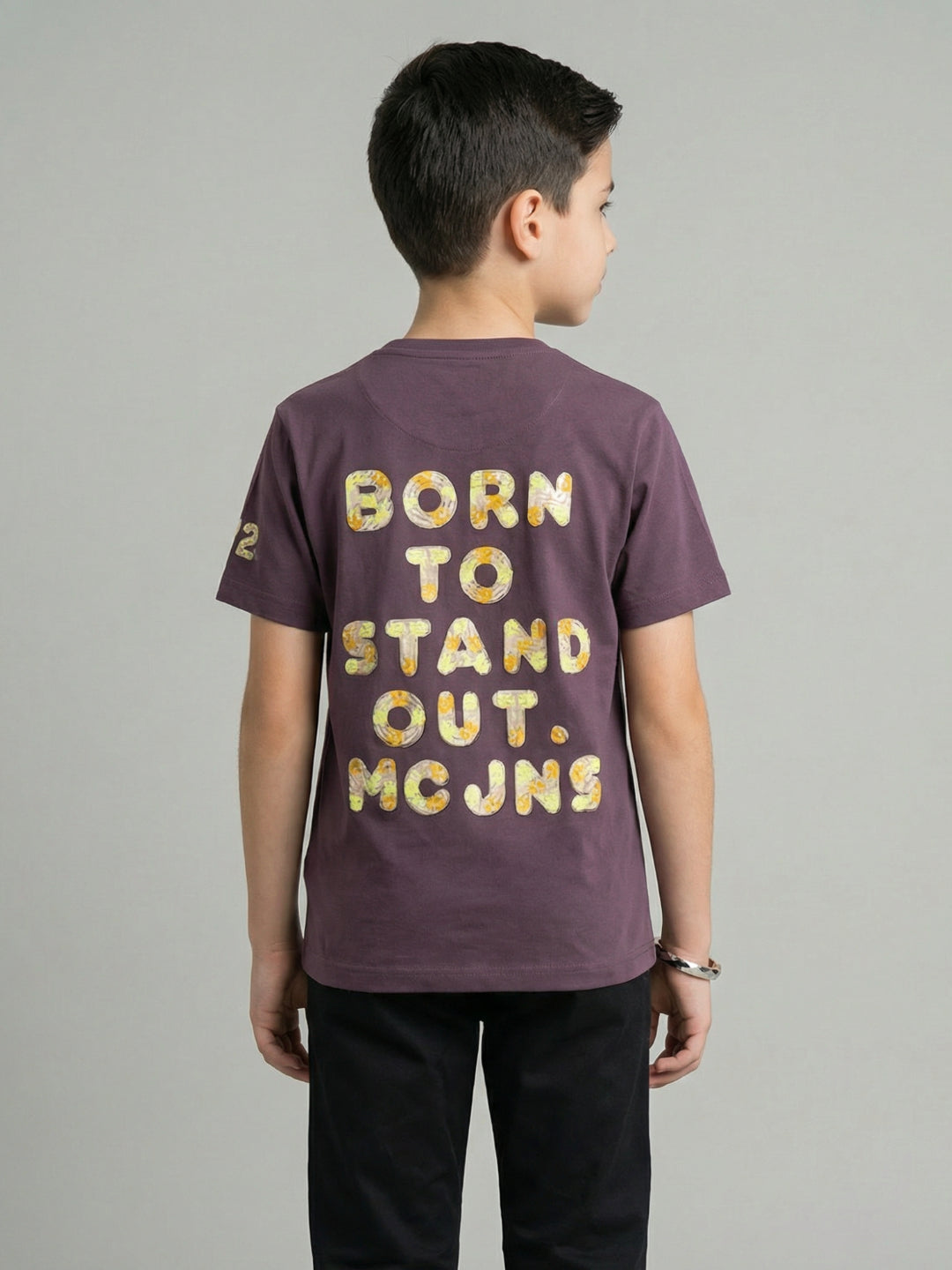 Boys Mauve Embroidered Round Neck Half Sleeve T-Shirt