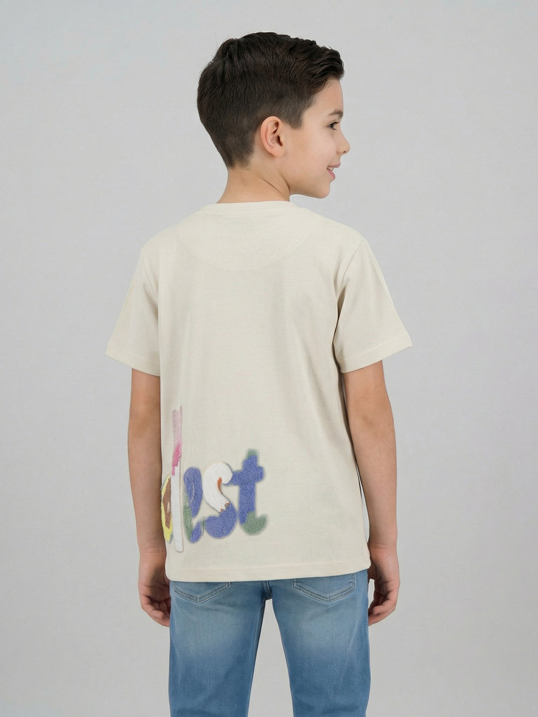 Boys Off White Printed Round Neck Half Sleeve T-Shirt