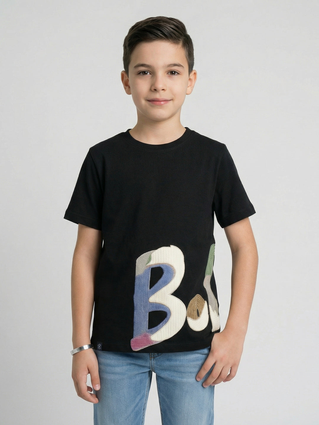 Boys Black Printed Round Neck Half Sleeve T-Shirt