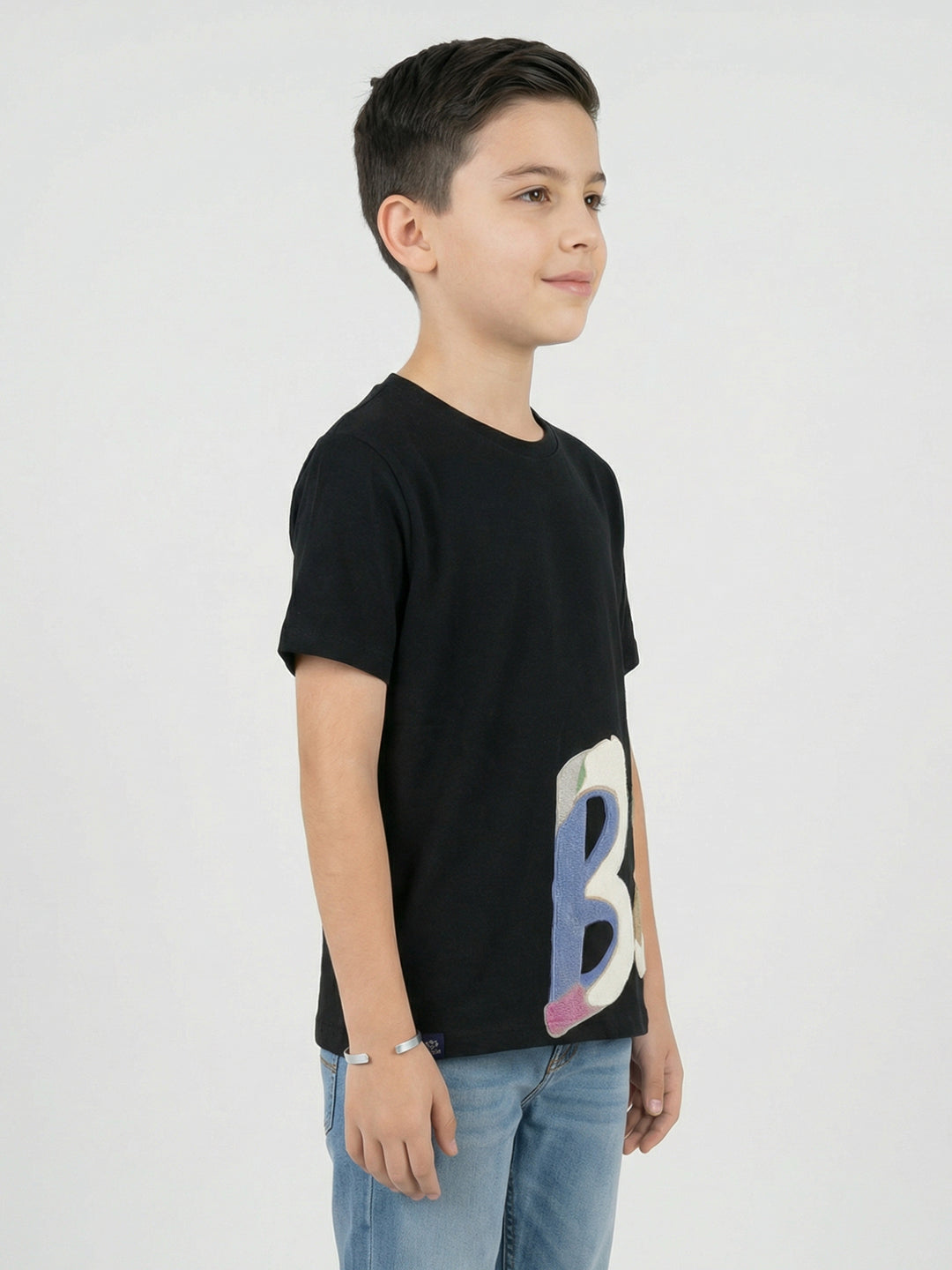Boys Black Printed Round Neck Half Sleeve T-Shirt