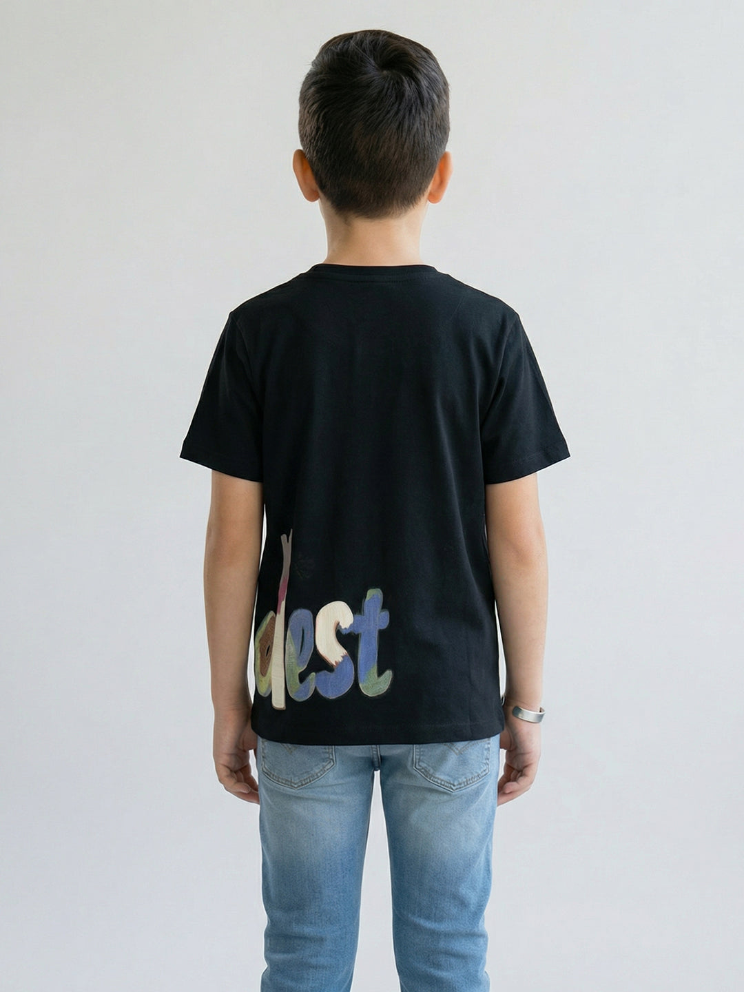 Boys Black Printed Round Neck Half Sleeve T-Shirt