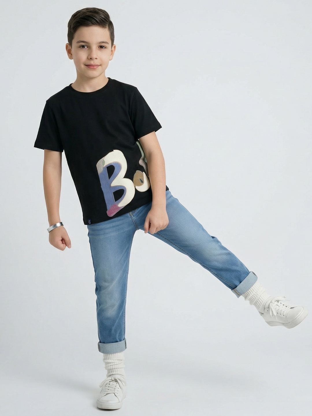 Boys Black Printed Round Neck Half Sleeve T-Shirt