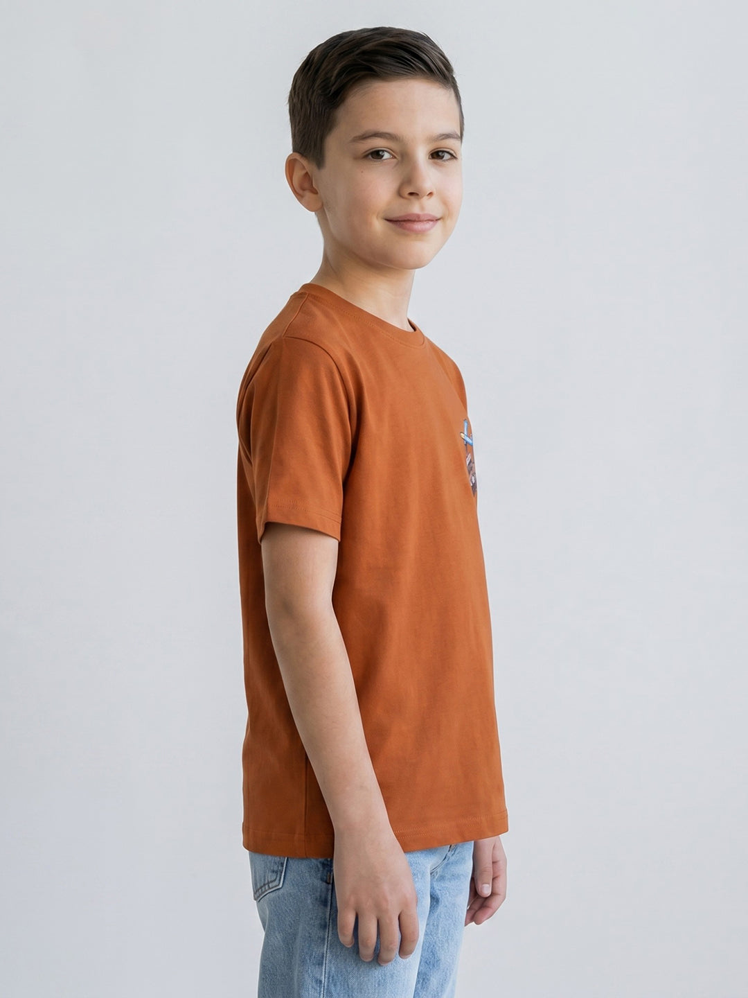 Boys Tan Printed Round Neck Half Sleeve T-Shirt