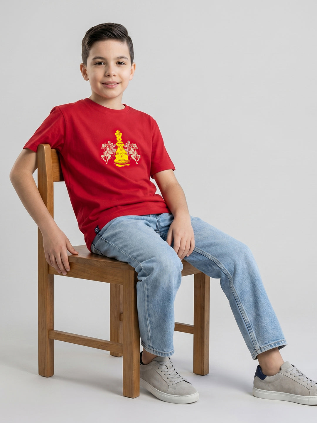 Boys Red Printed Round Neck Half Sleeve T-Shirt