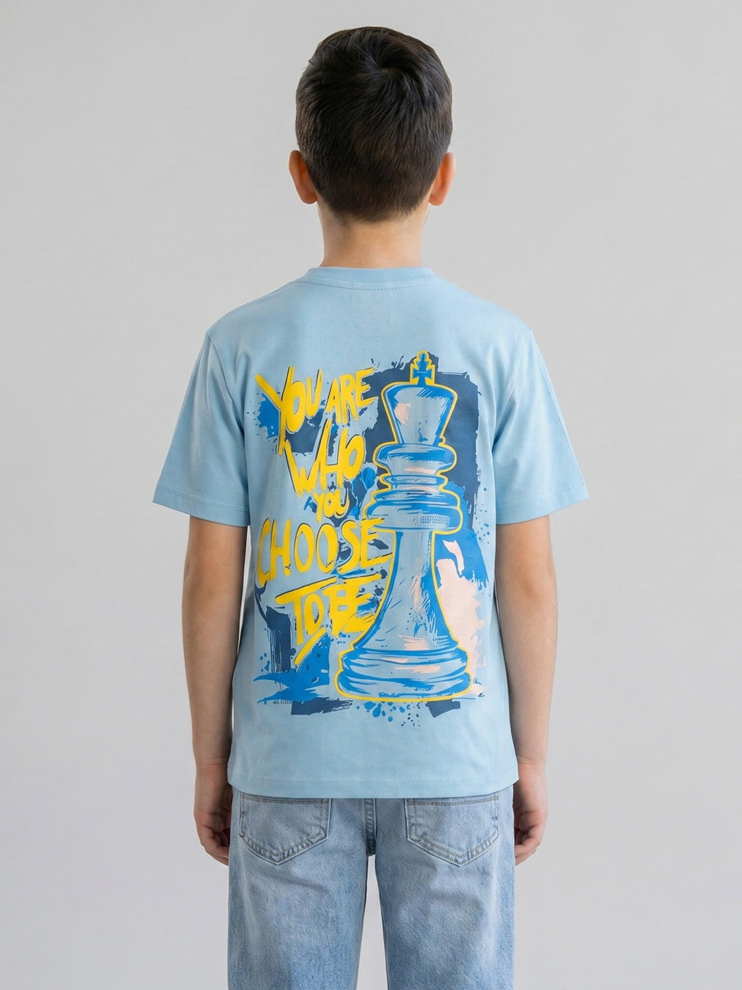 Boys Sky Blue Printed Round Neck Half Sleeve T-Shirt