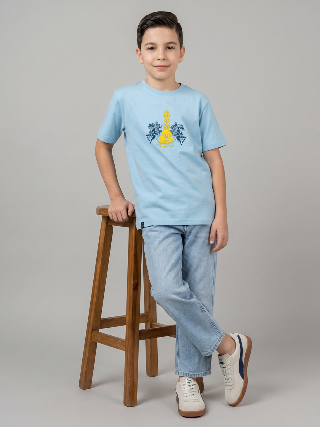 Boys Sky Blue Printed Round Neck Half Sleeve T-Shirt