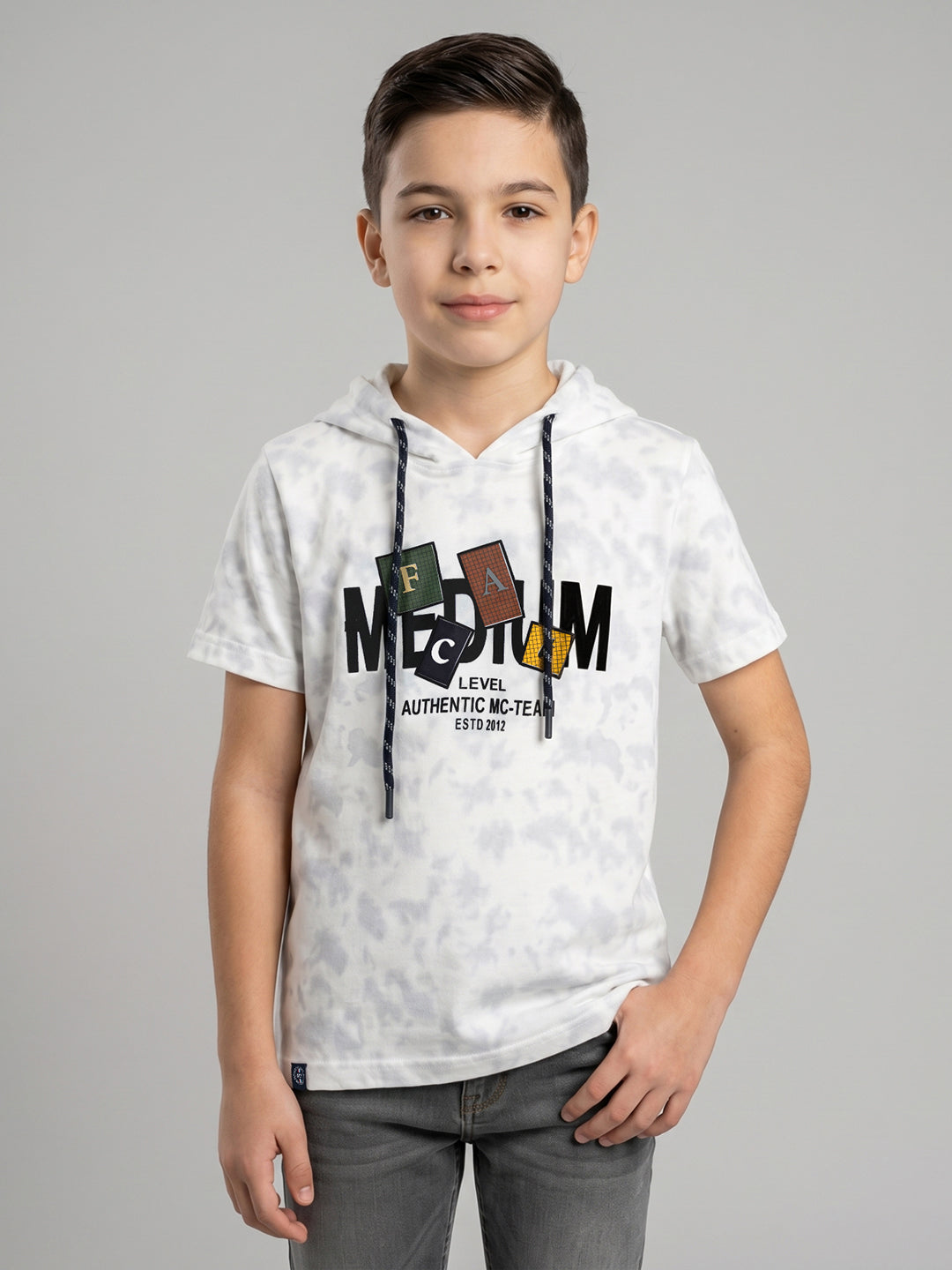 Boys White Printed Hooded Half Sleeve T-Shirt