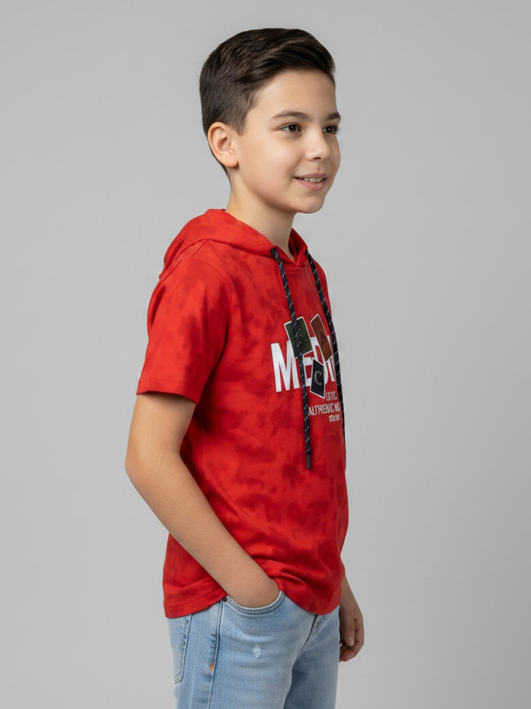 Boys Red Printed Hooded Half Sleeve T-Shirt