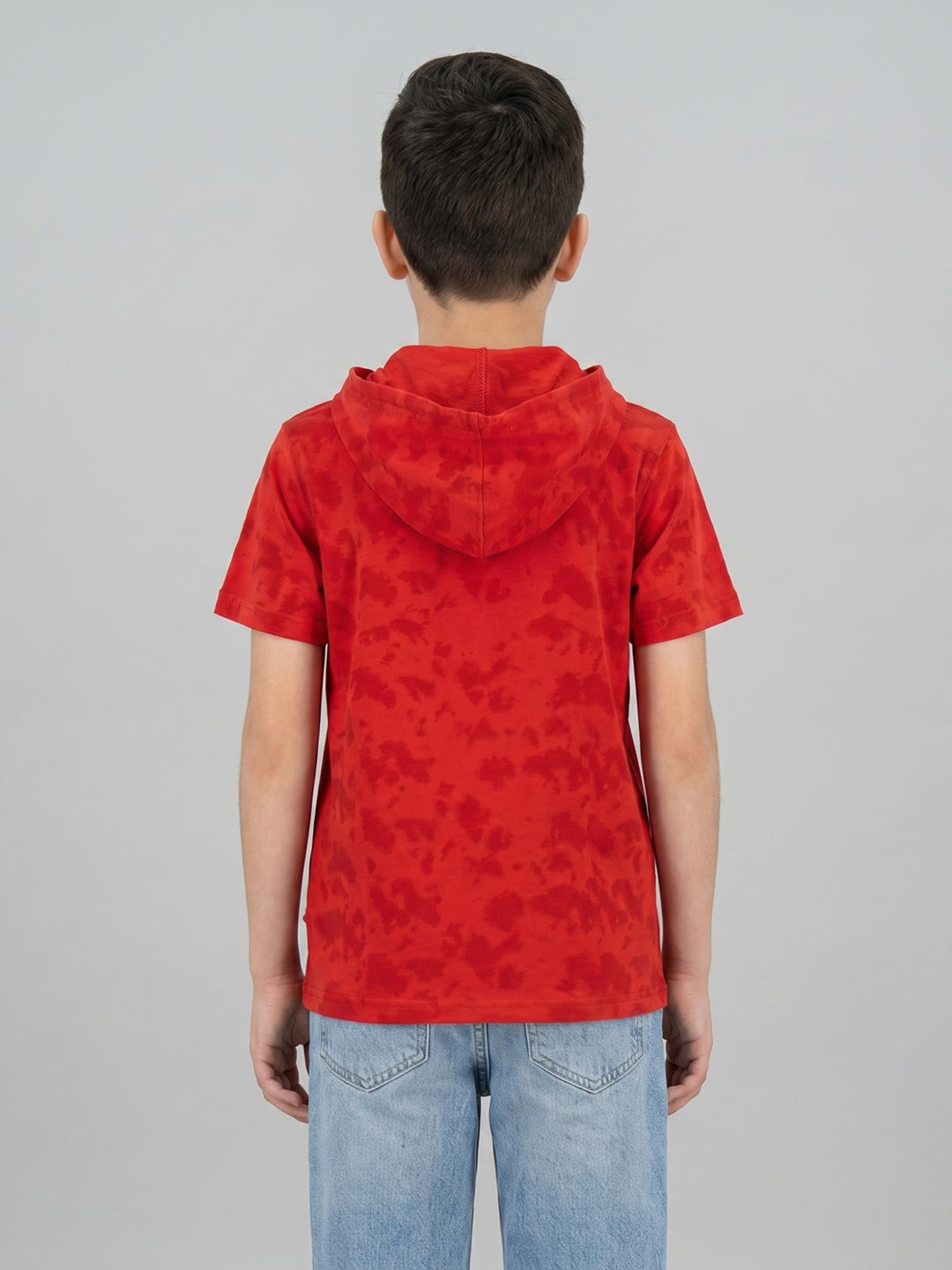 Boys Red Printed Hooded Half Sleeve T-Shirt