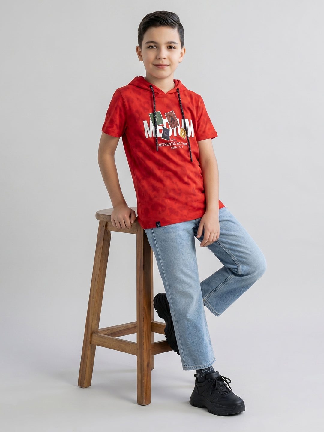 Boys Red Printed Hooded Half Sleeve T-Shirt