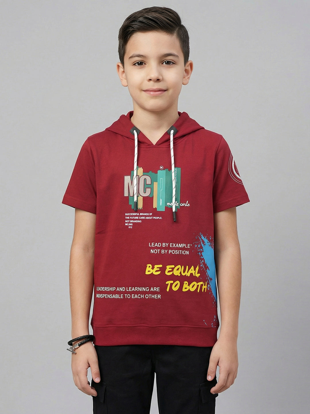 Boys Maroon Printed Hooded Half Sleeve T-Shirt