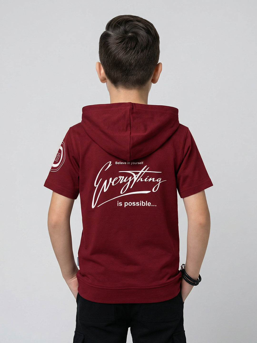 Boys Maroon Printed Hooded Half Sleeve T-Shirt