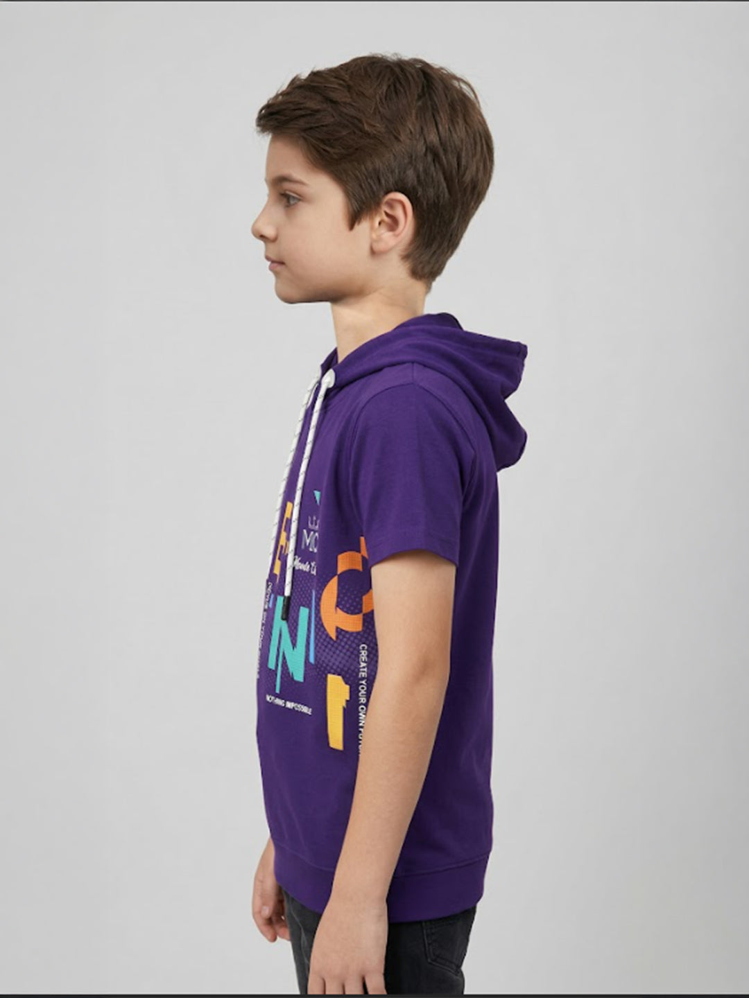 Boys Purple Printed Hooded Half Sleeve T-Shirt