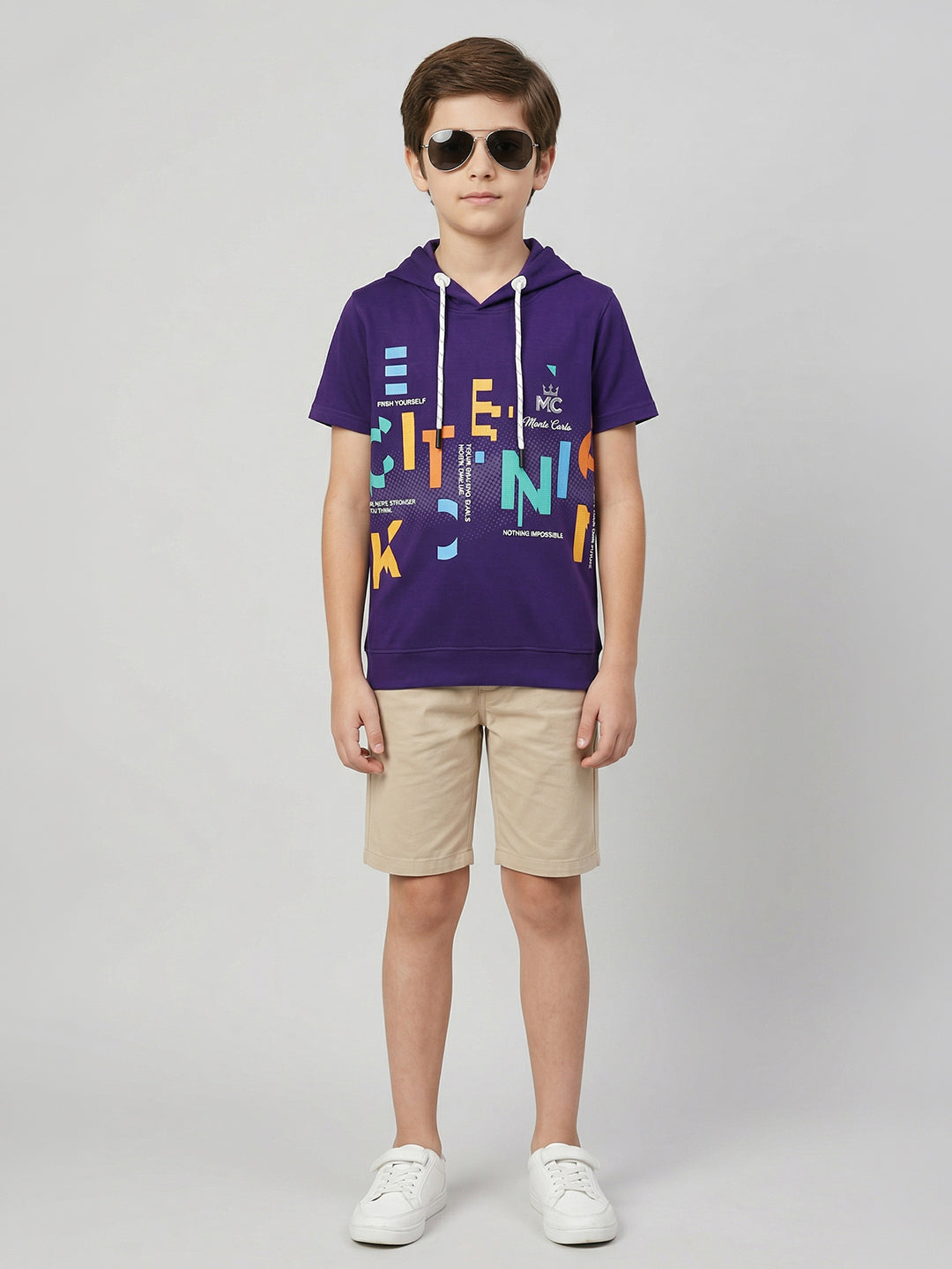 Boys Purple Printed Hooded Half Sleeve T-Shirt