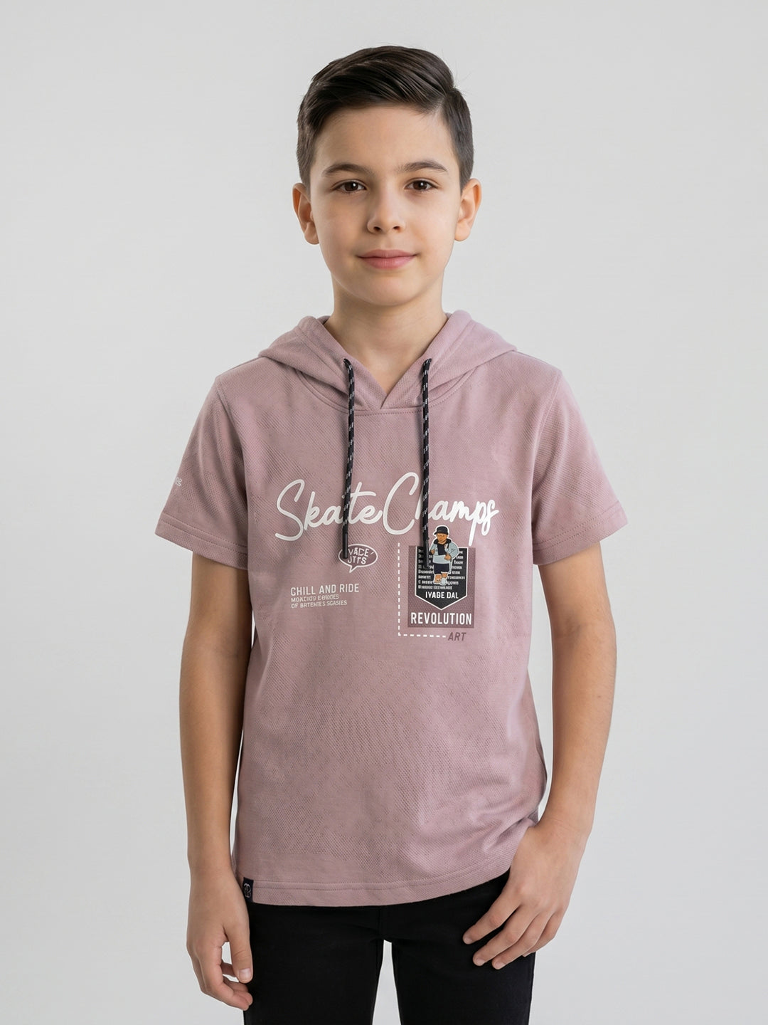 Boys Mauve Printed Hooded Half Sleeve T-Shirt
