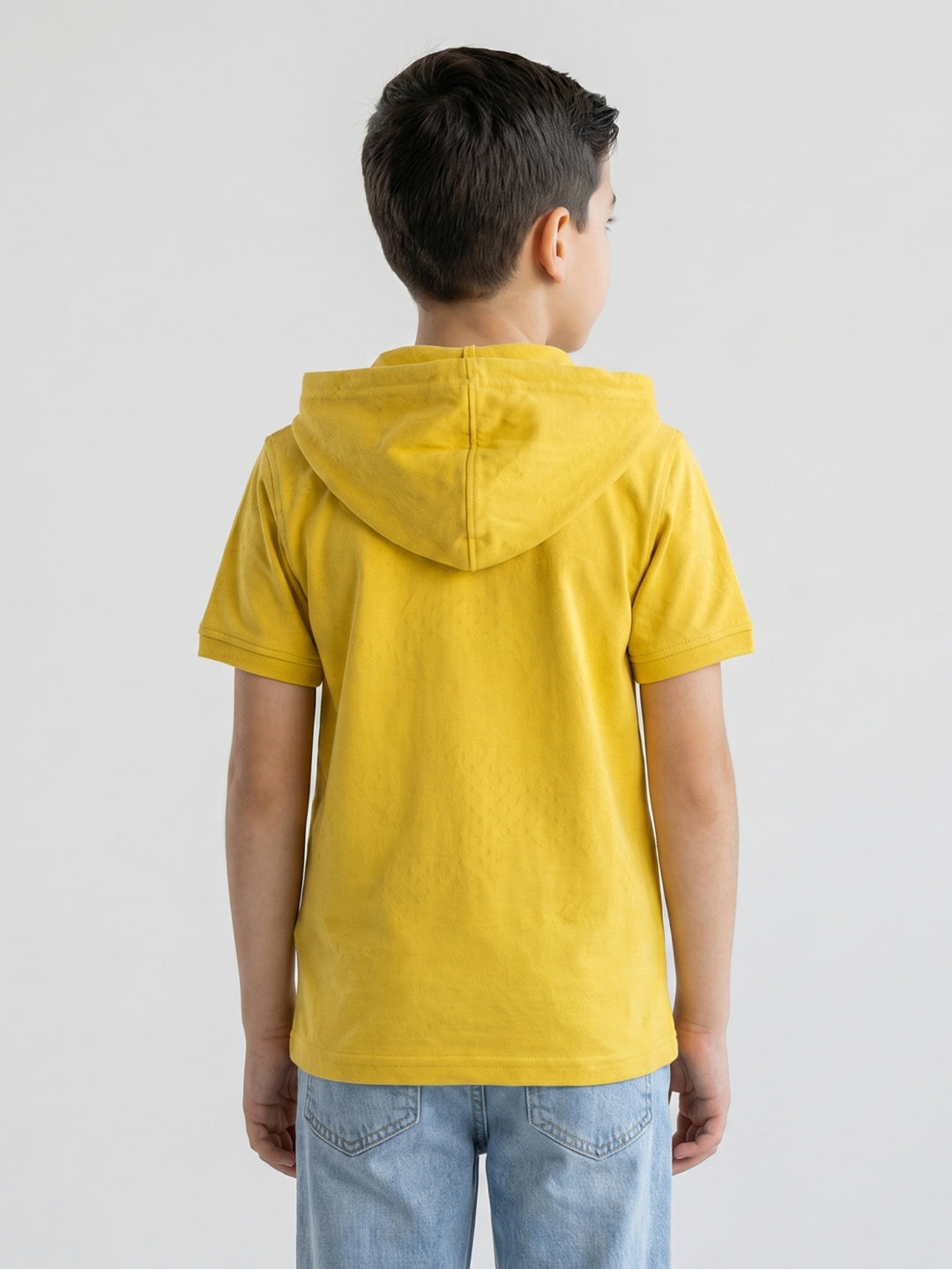 Boys Mustard Printed Hooded Half Sleeve T-Shirt