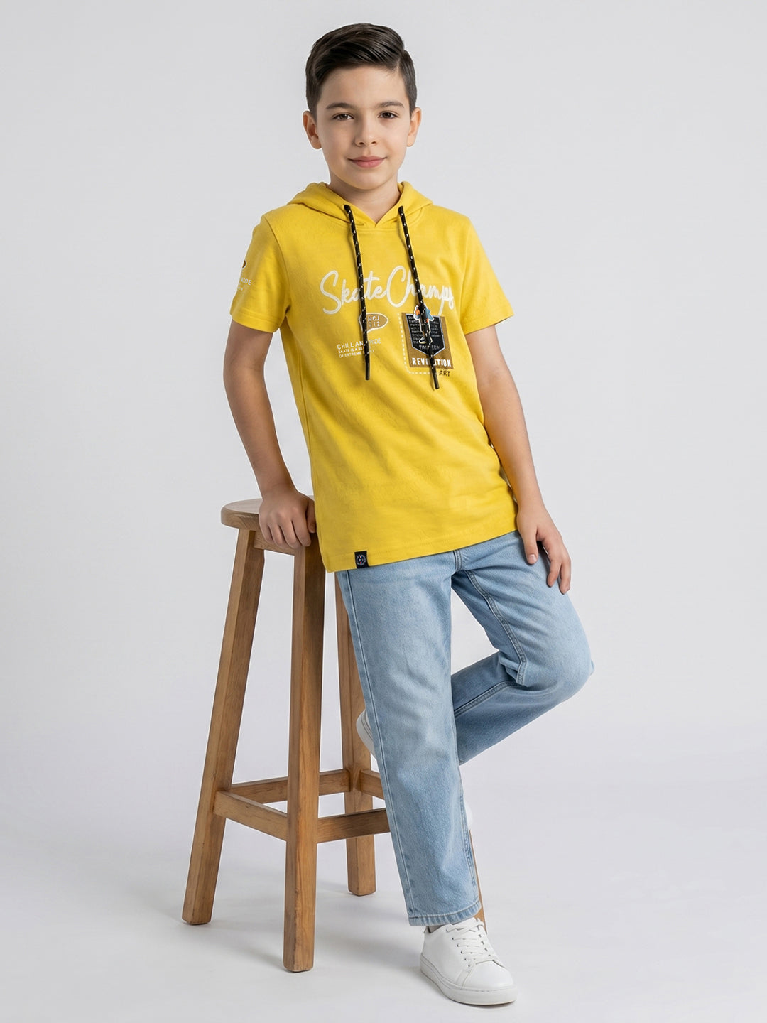 Boys Mustard Printed Hooded Half Sleeve T-Shirt
