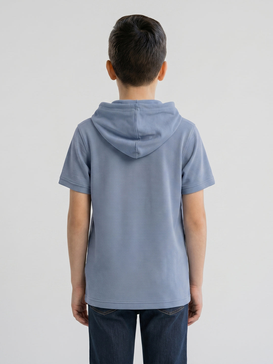 Boys Blue Printed Hooded Half Sleeve T-Shirt