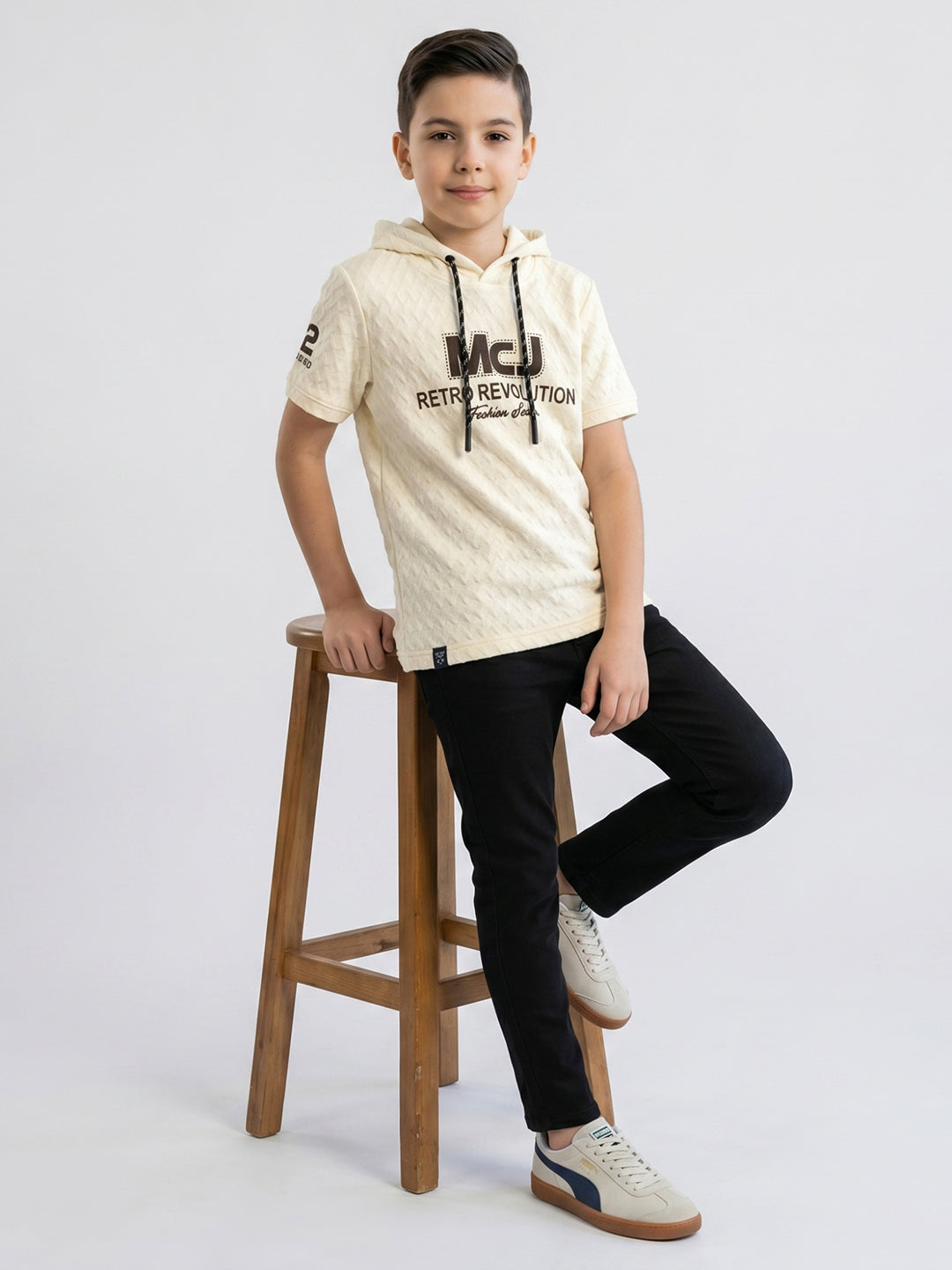 Boys Cream Printed Hooded Half Sleeve T-Shirt