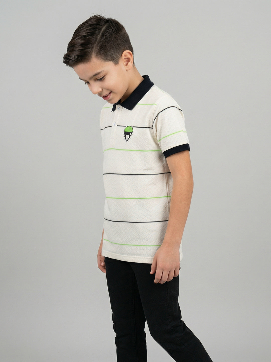 Boys White Stripe Collar Half Sleeve T-Shirt