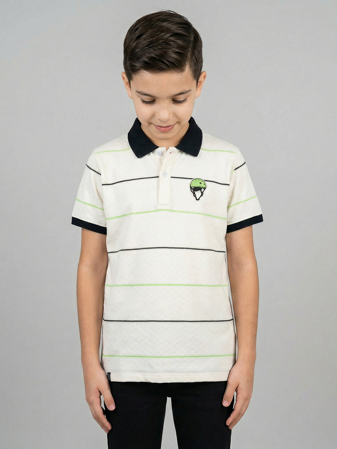 Boys White Stripe Collar Half Sleeve T-Shirt